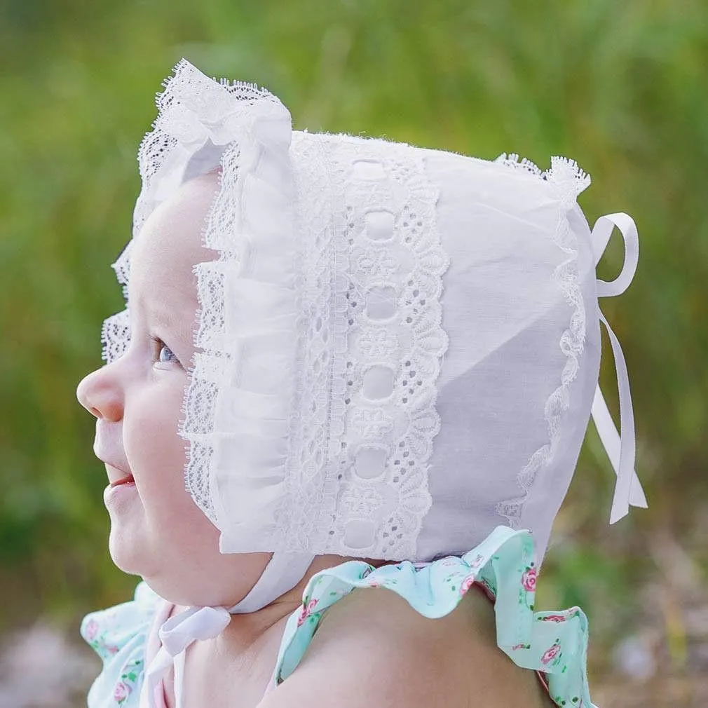 Girls White Ribbon Bonnet for Infants & Toddlers