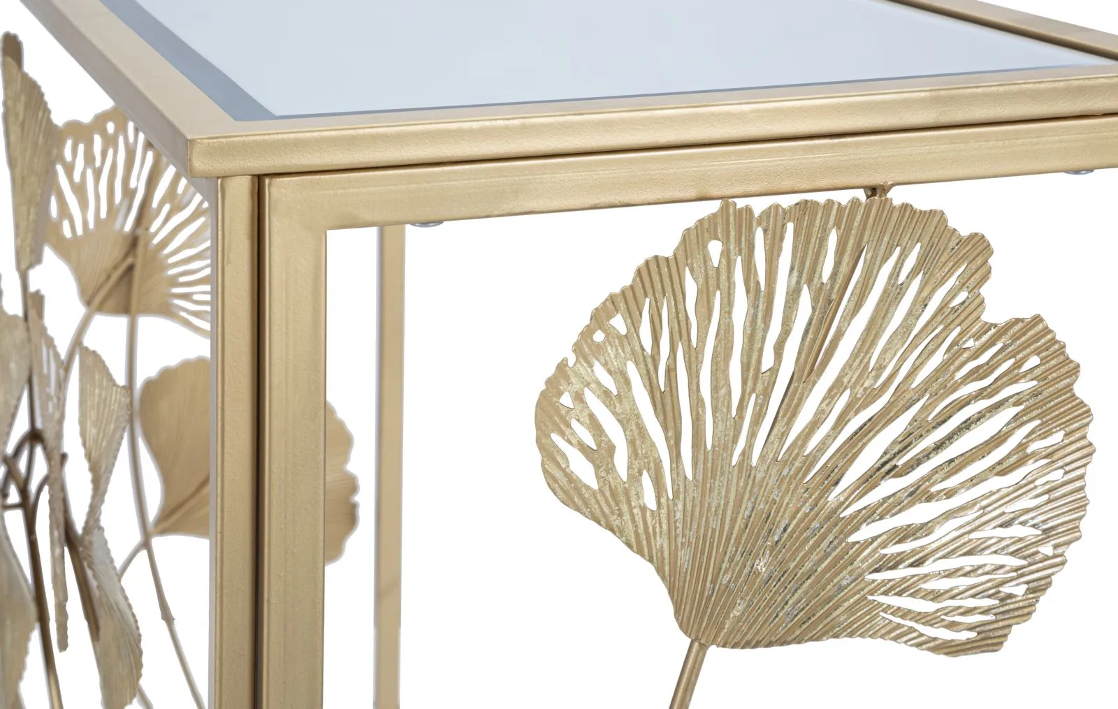 Golden Metal & Glass Rectangular console Table with Leaf Decor