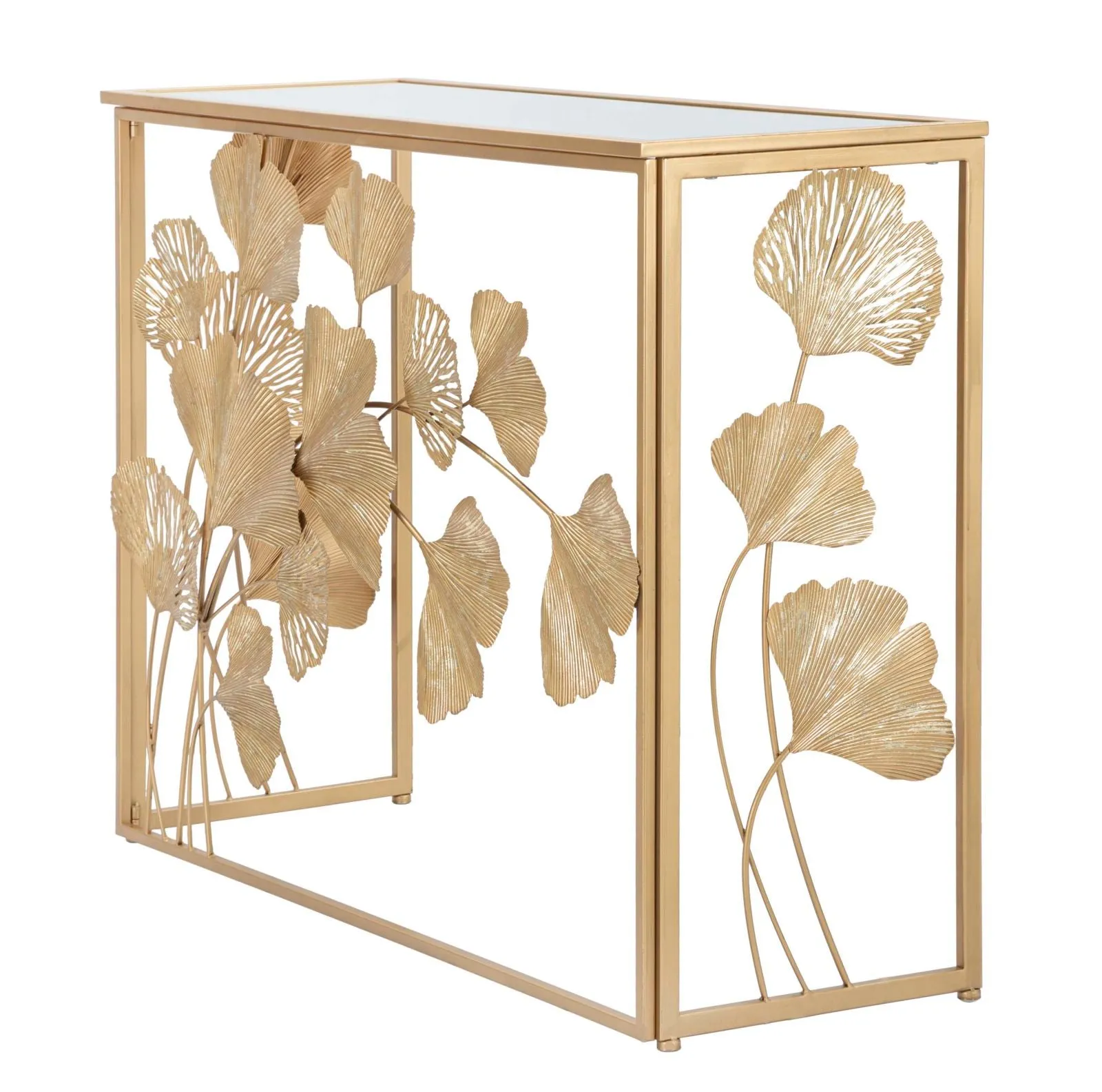 Golden Metal & Glass Rectangular console Table with Leaf Decor