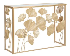 Golden Metal & Glass Rectangular console Table with Leaf Decor