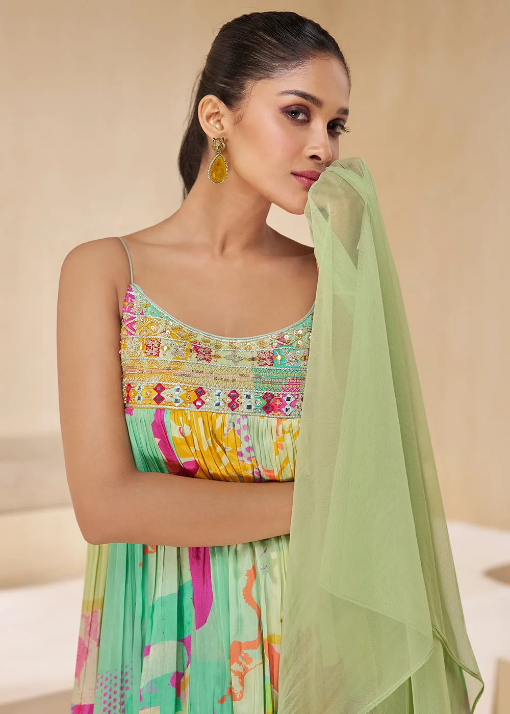 Green Digital Printed & Embroidered Party Style Sharara Suit