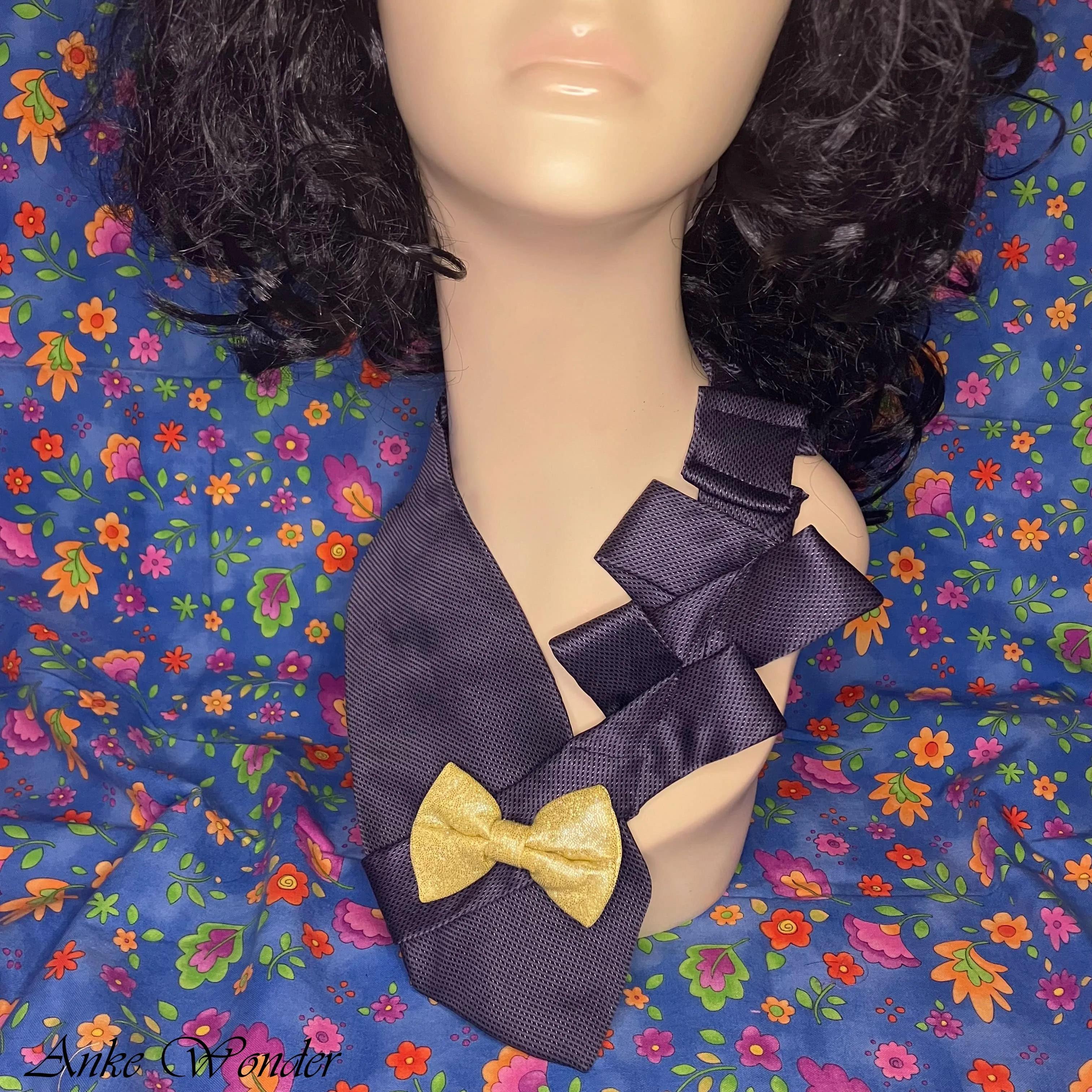 Handmade Women's Blue Silk Necktie - Yellow Bow Accent, Upcycled