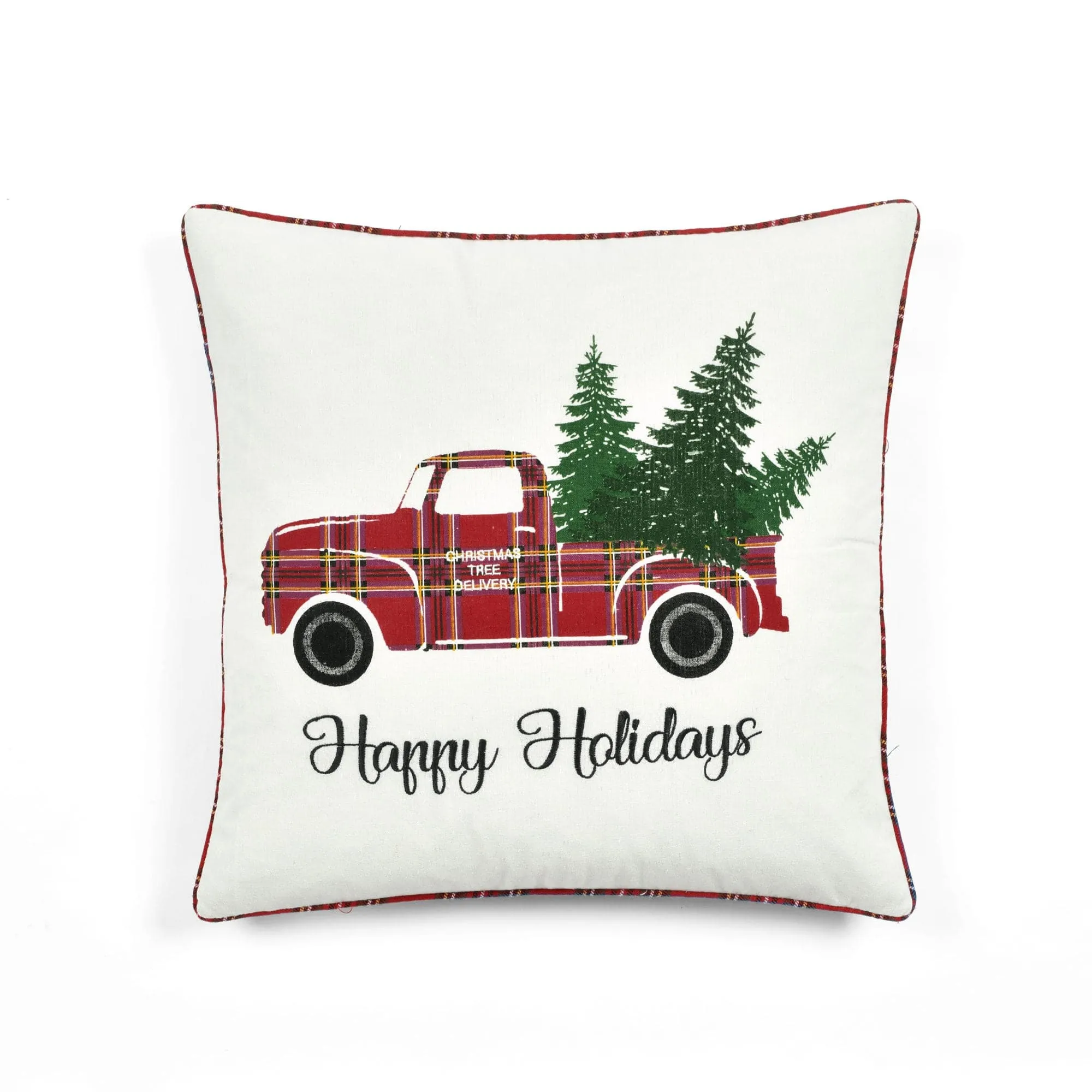 Holiday Truck Plaid Embroidery Script Decorative Pillow Cover