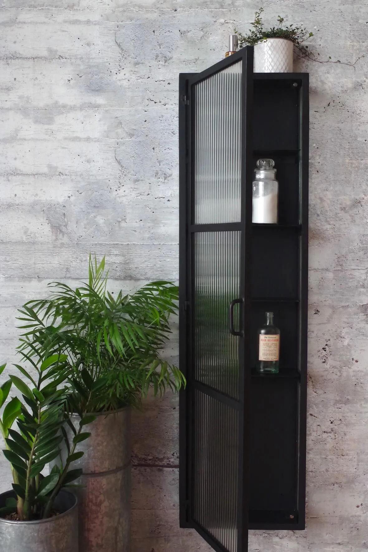 Industrial Fluted Glass Tall Slim Wall Cabinet - Matt Black