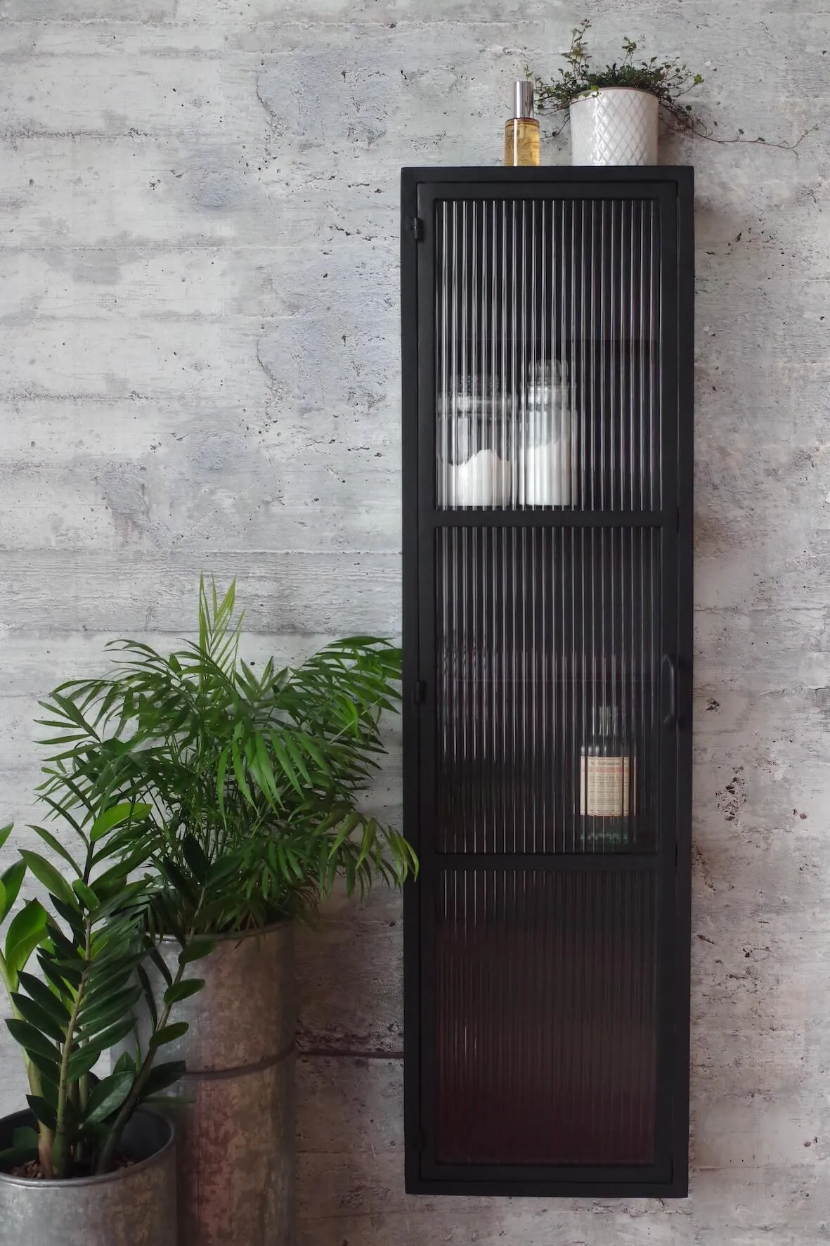 Industrial Fluted Glass Tall Slim Wall Cabinet - Matt Black