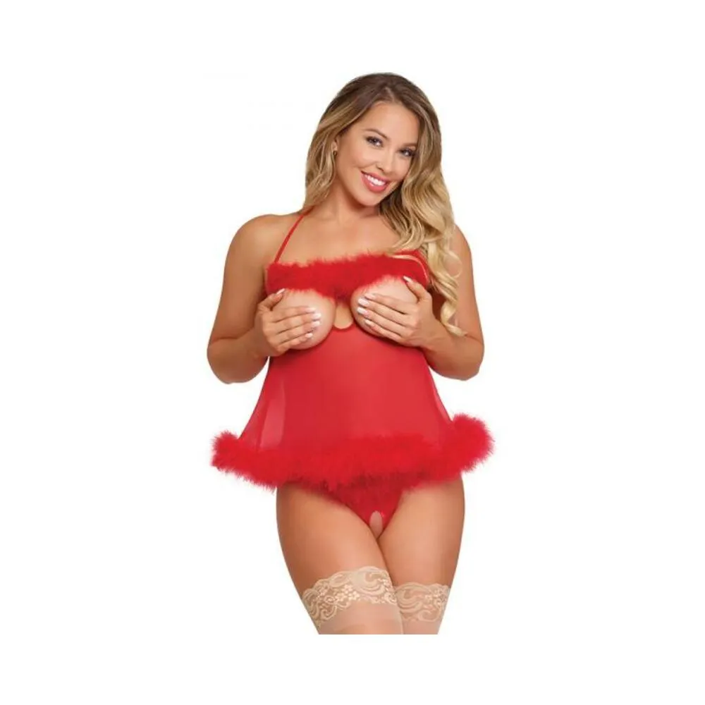 Magic Silk Marabou Cupless & Crotchless Babydoll Set Red L/xl