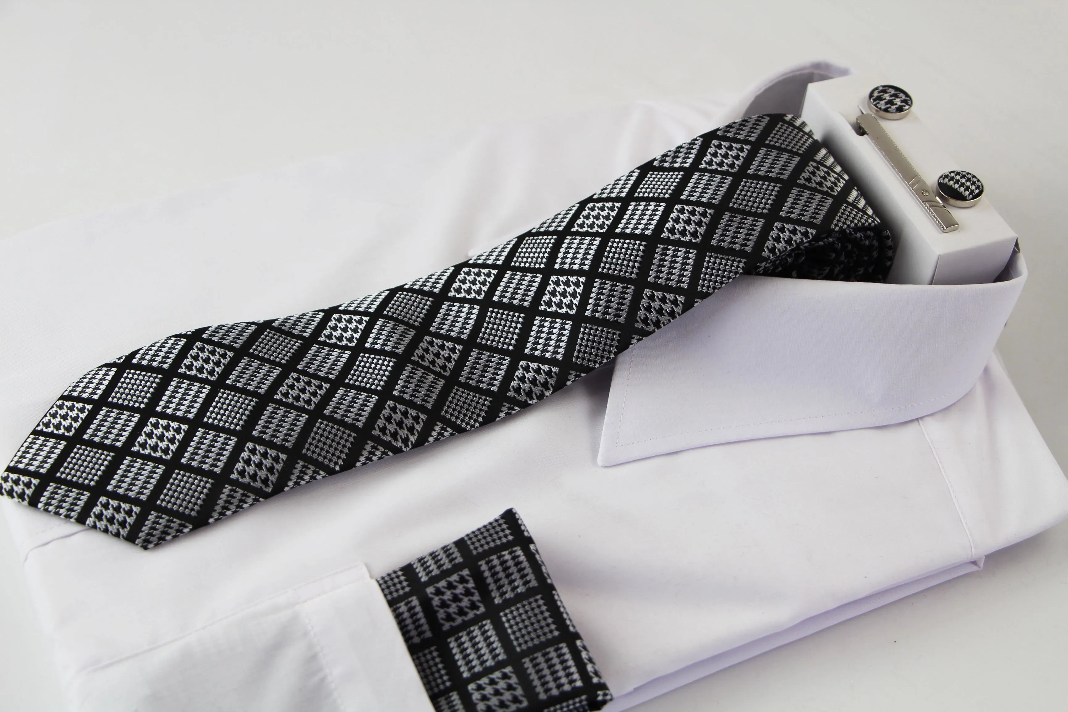 Mens Black & Silver Houndstooth Checkered Neck Tie, Pocket Square, Cuff Links And Tie Clip Set