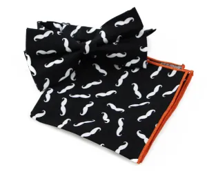 Mens Black With White Moustache Cotton Bow Tie & Pocket Square Set