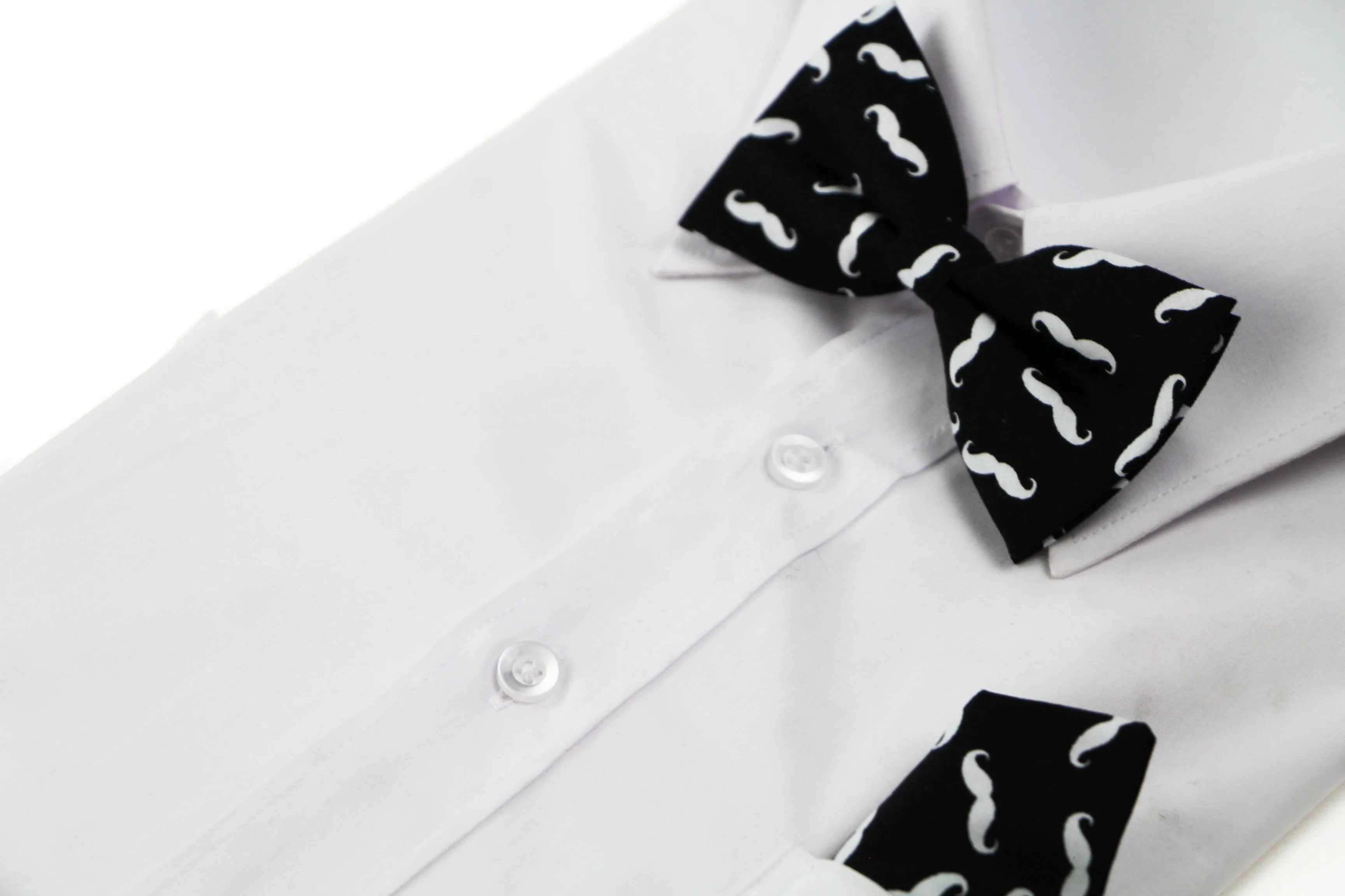 Mens Black With White Moustache Cotton Bow Tie & Pocket Square Set