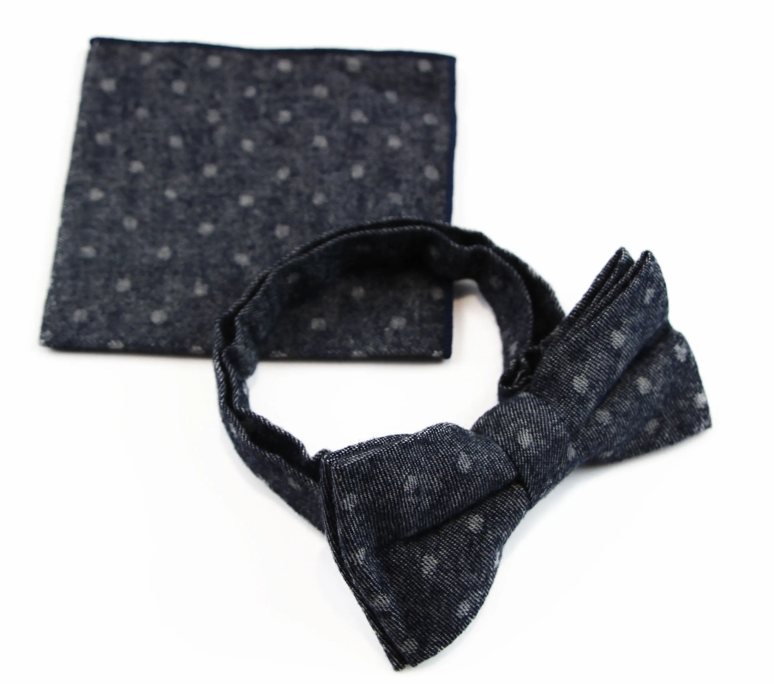 Mens Blue Denim With White Dots Cotton Bow Tie & Pocket Square Set