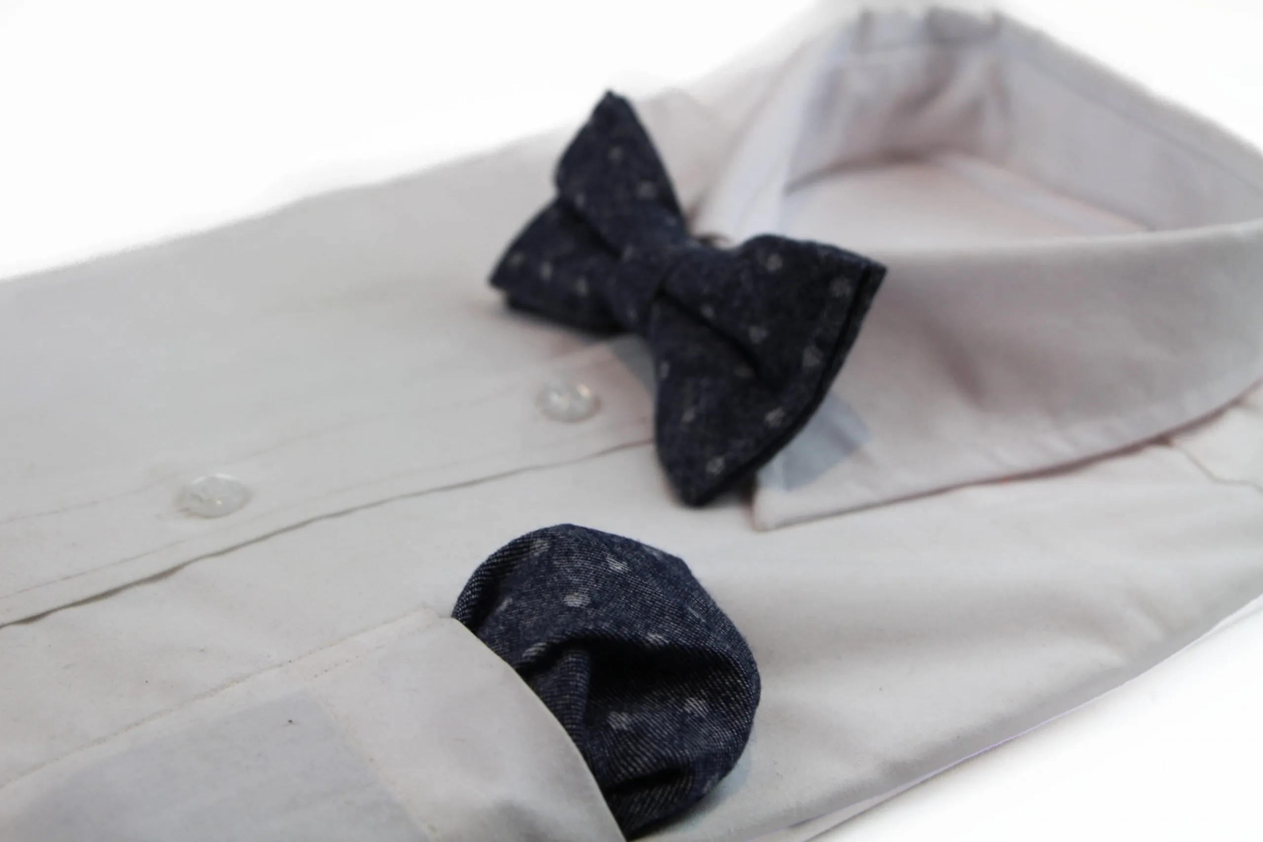 Mens Blue Denim With White Dots Cotton Bow Tie & Pocket Square Set