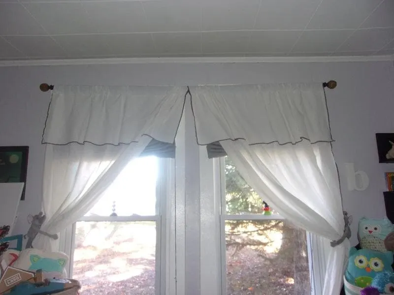 Modern Faux Linen Embroidered Edge With Attached Valance Window Curtain Panel Set