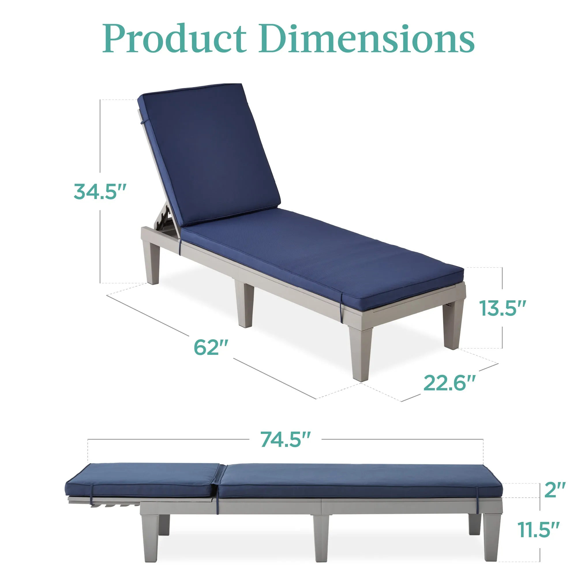 Outdoor Patio Lounge Chair, Resin Chaise Lounger w/ Seat Cushion, 5 Positions