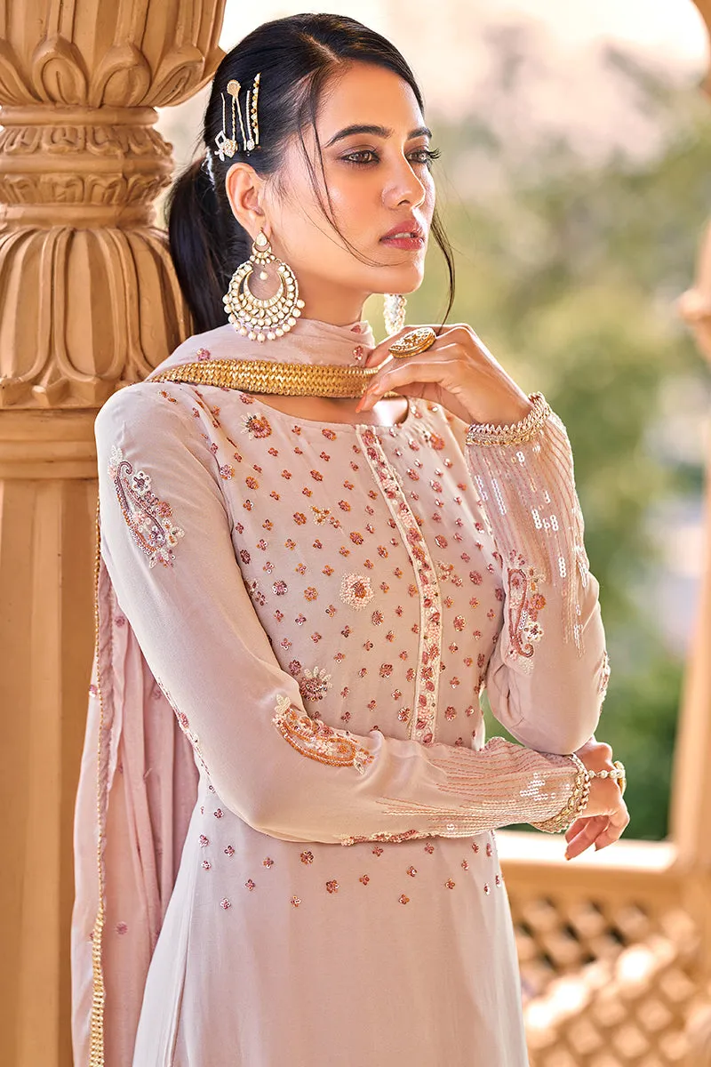 Peachy Pink Georgette Viscose Embroidered Salwar Suit