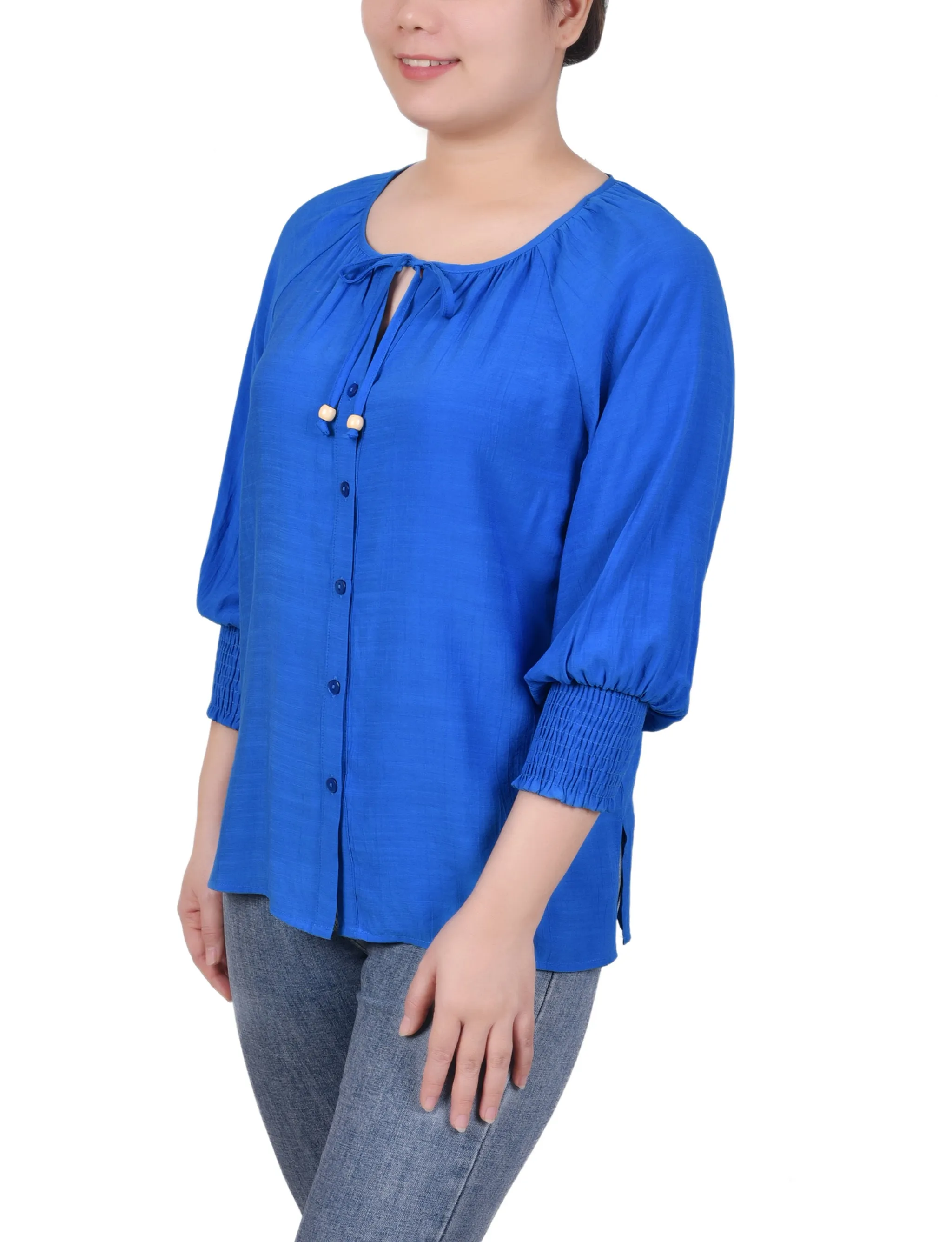 Petite 3/4 Sleeve Button Front Blouse