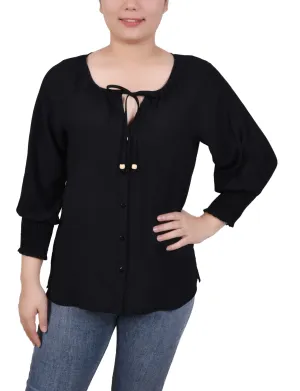 Petite 3/4 Sleeve Button Front Blouse