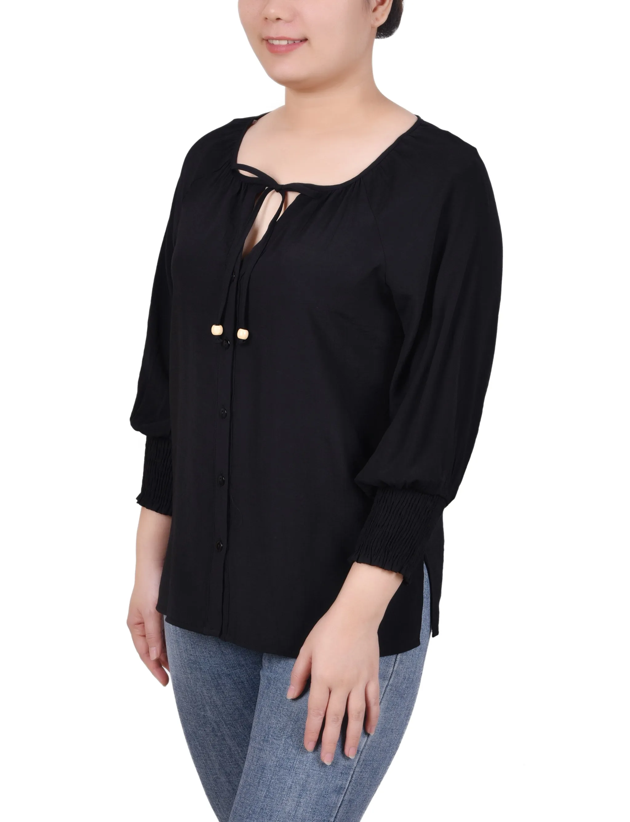 Petite 3/4 Sleeve Button Front Blouse