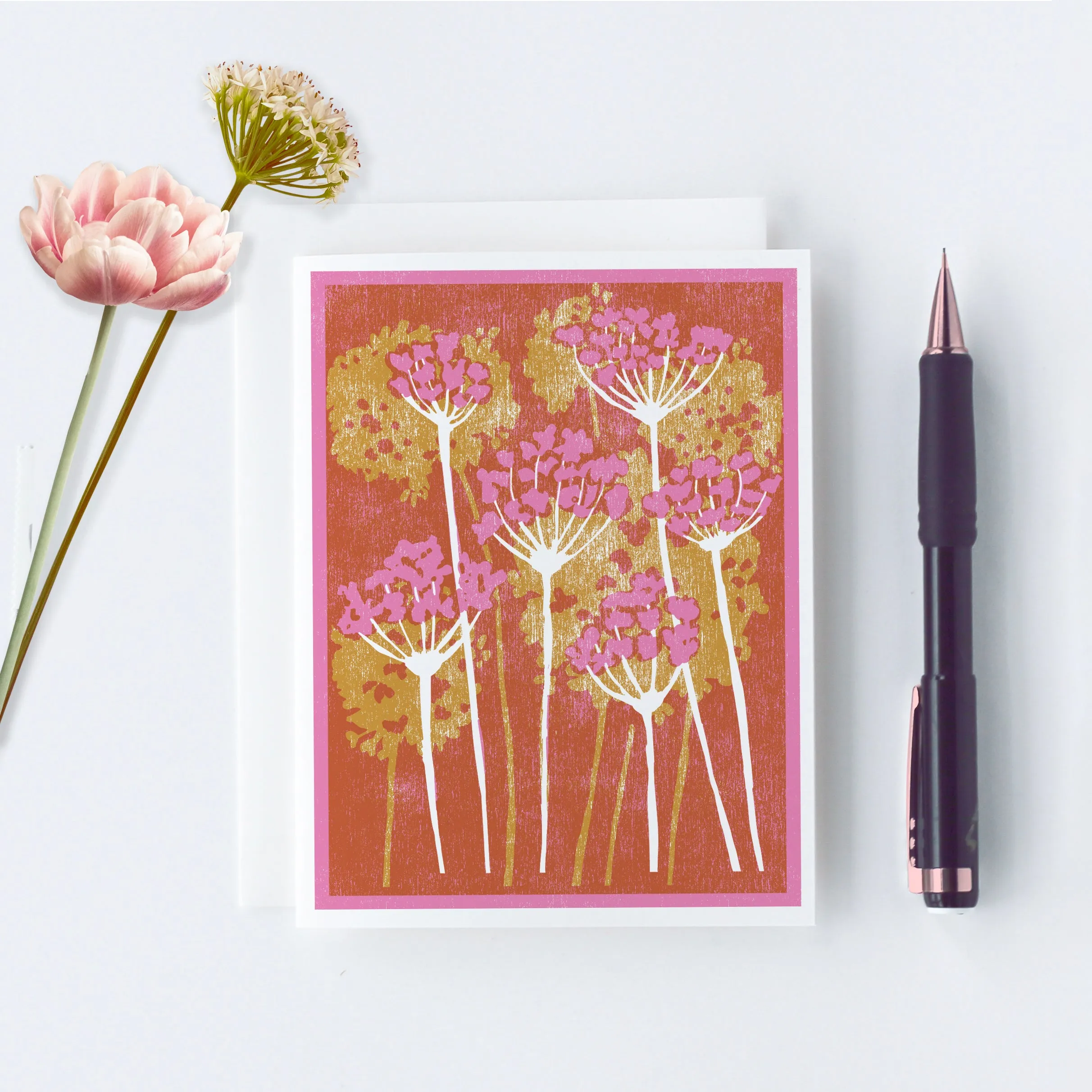 Pink and Gold Floral Letterpress Printed Card