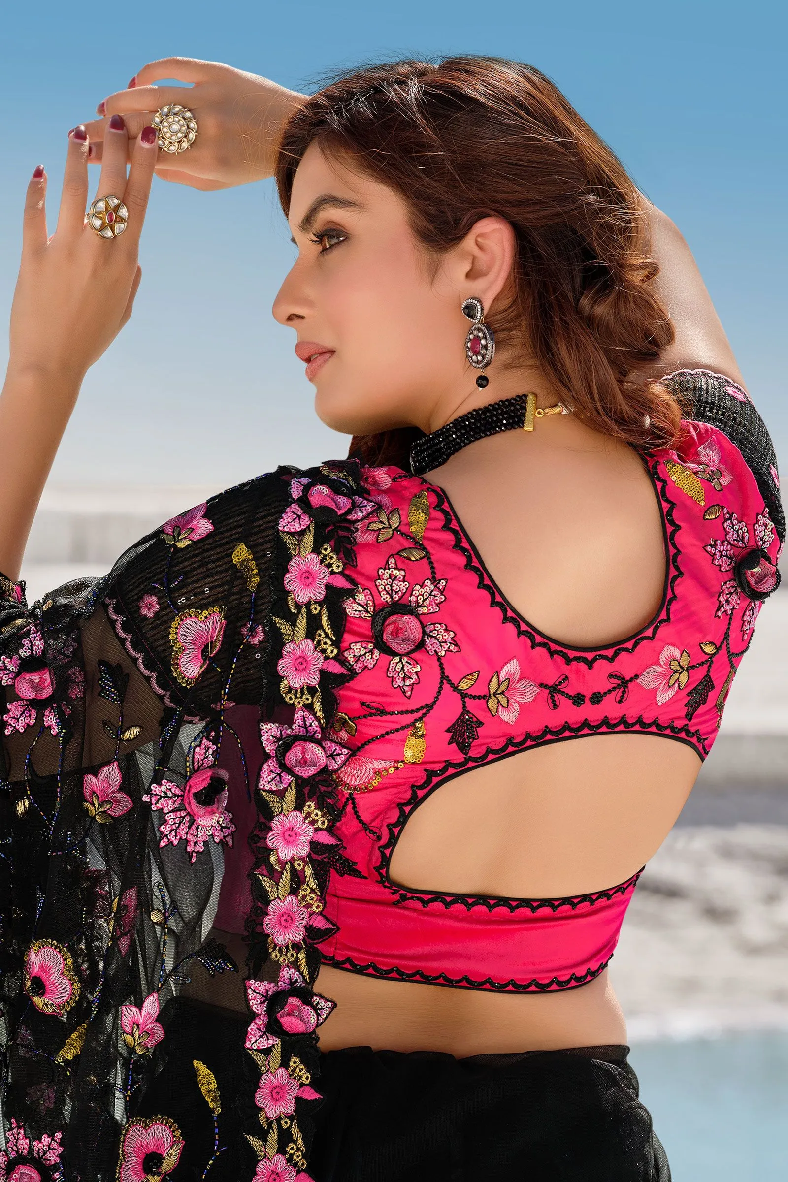 Pitch Black Floral Embroidered Net Saree