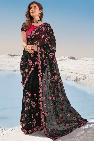 Pitch Black Floral Embroidered Net Saree