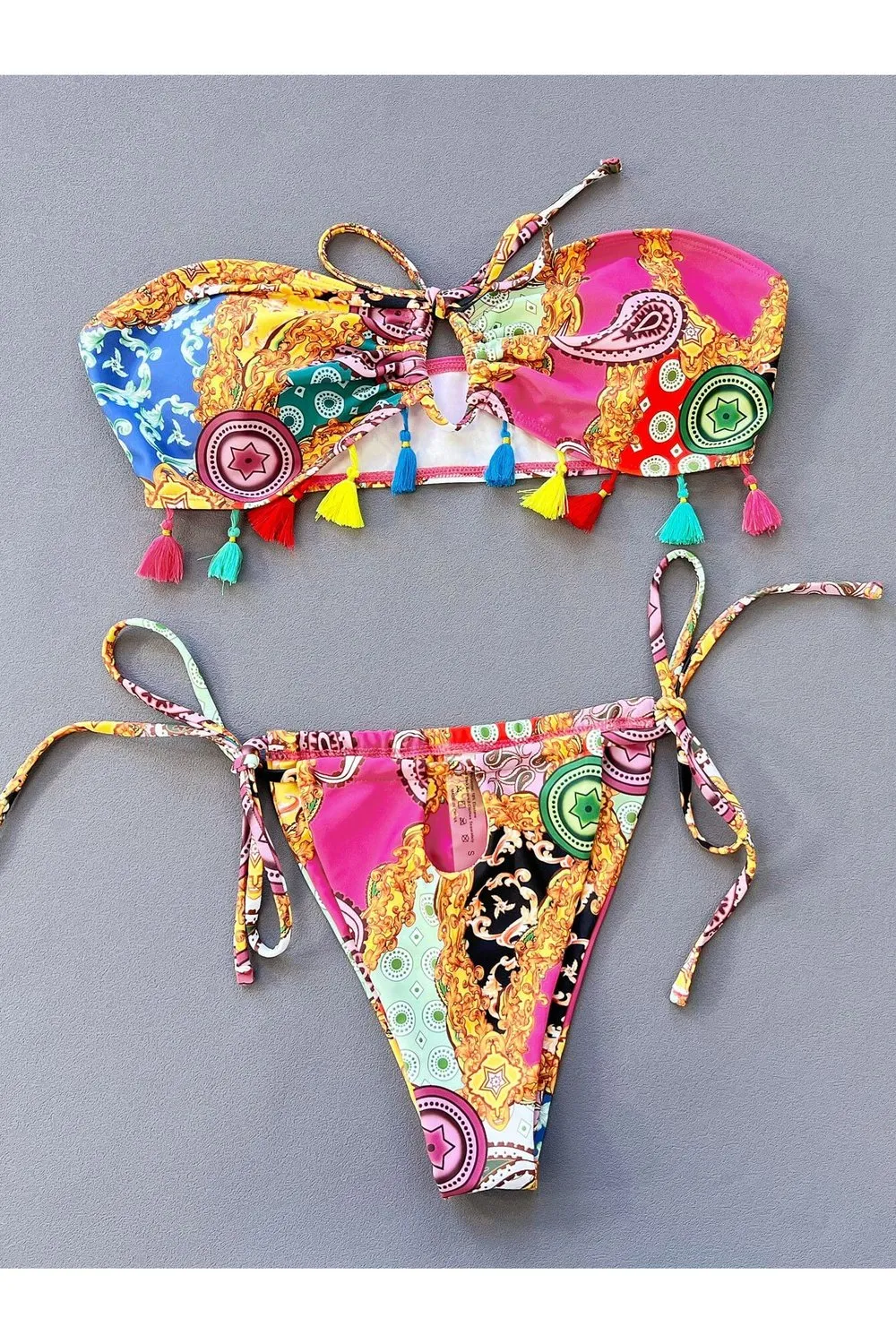 Printed Tied Strapless Bikini Set