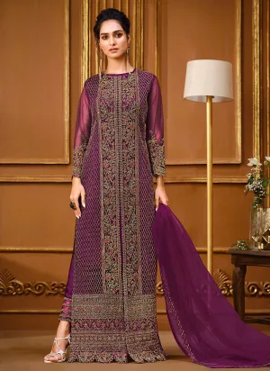 Slit Style Plum Purple Net Embellished Anarkali Pant Suit