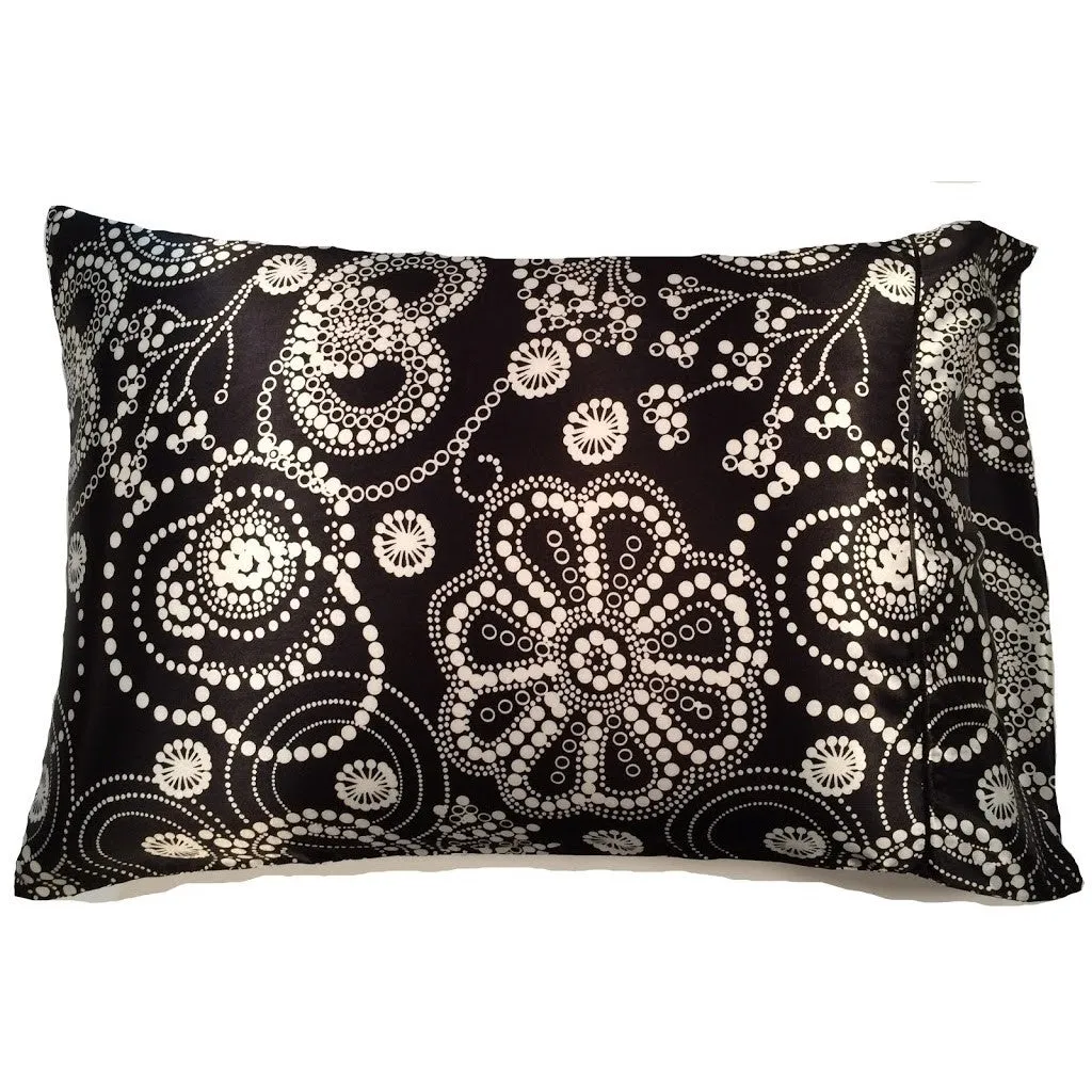 Standard Satin Pillowcase. Black with White Strands of Pearls Flowers.